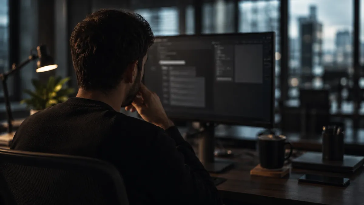 Ein Entwickler prüft Code an einem großen Monitor in einem dunklen Arbeitsraum.