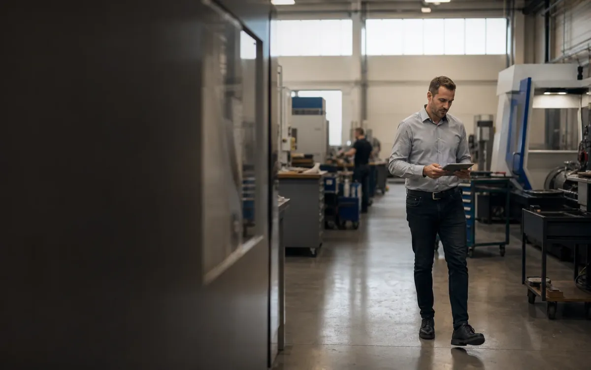 Mitarbeiter prüft einen digitalen Arbeitsstand in einer realen Produktionsumgebung