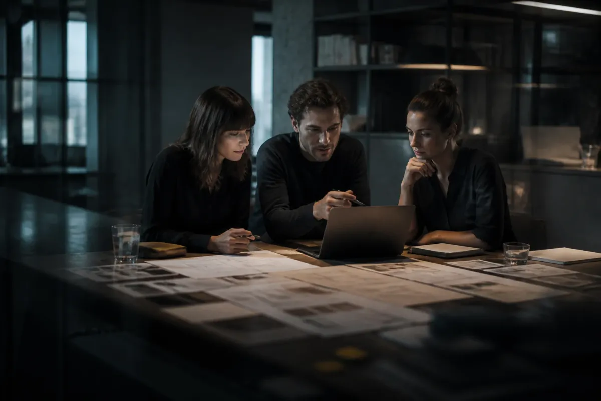 Agenturteam prüft gemeinsam Website-Entwürfe und technische Anforderungen