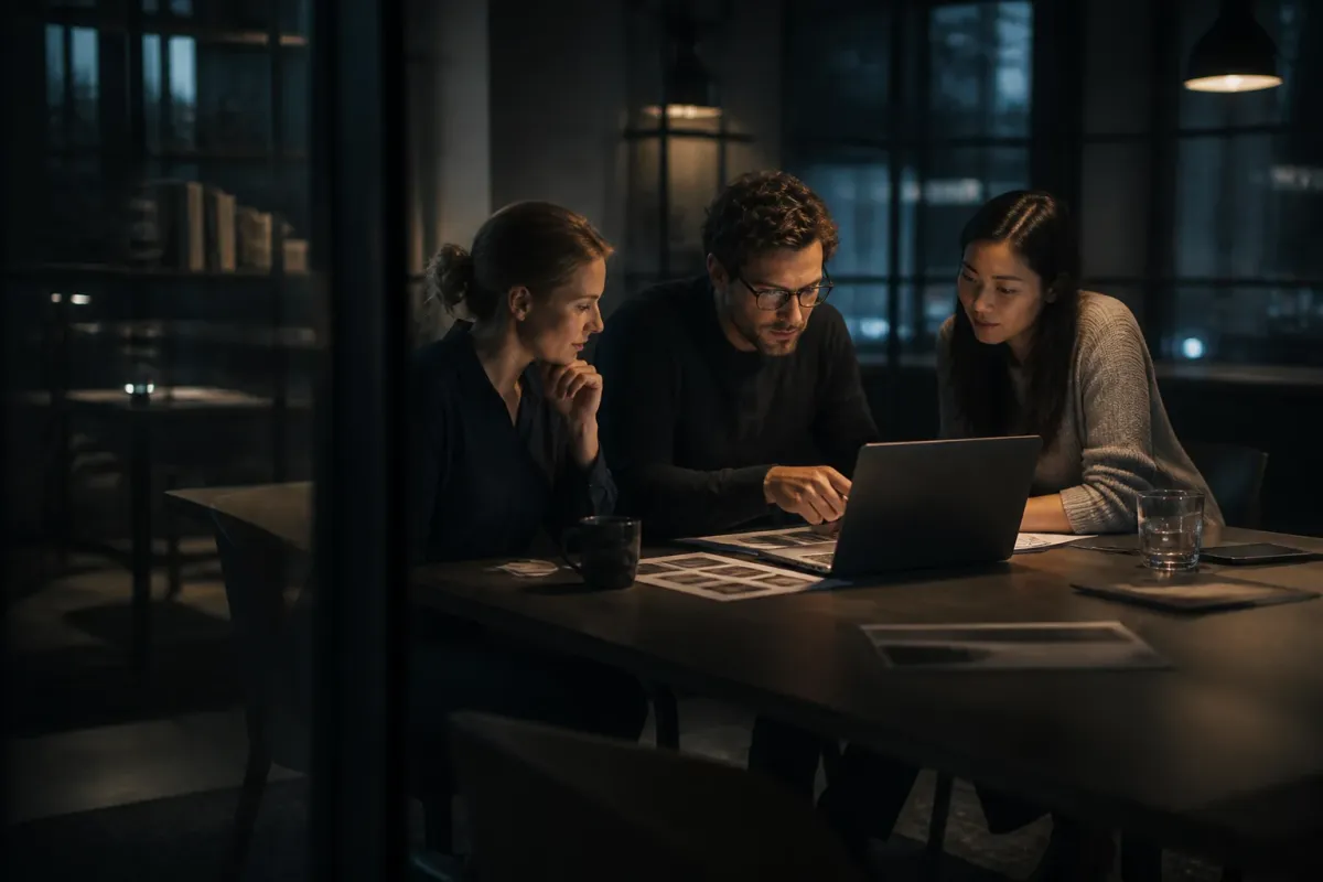 Marketingteam bespricht gemeinsam Inhalte und Website-Struktur an einem Tisch
