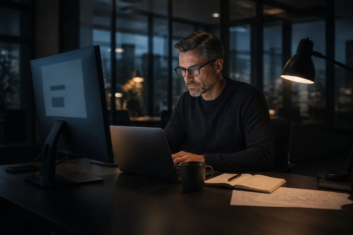 Website-Verantwortlicher arbeitet konzentriert an einem Desktop-Arbeitsplatz