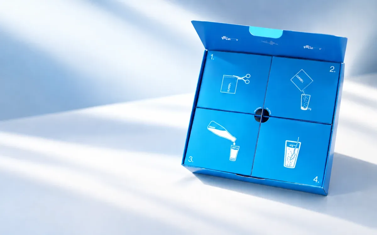 Geöffnete blaue curetin-Produktbox in einer hellen Studioinszenierung