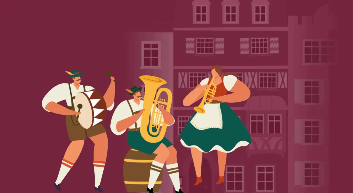 Illustrierte Musikantengruppe vor der historischen Fassade des Hotel Engel Lindau