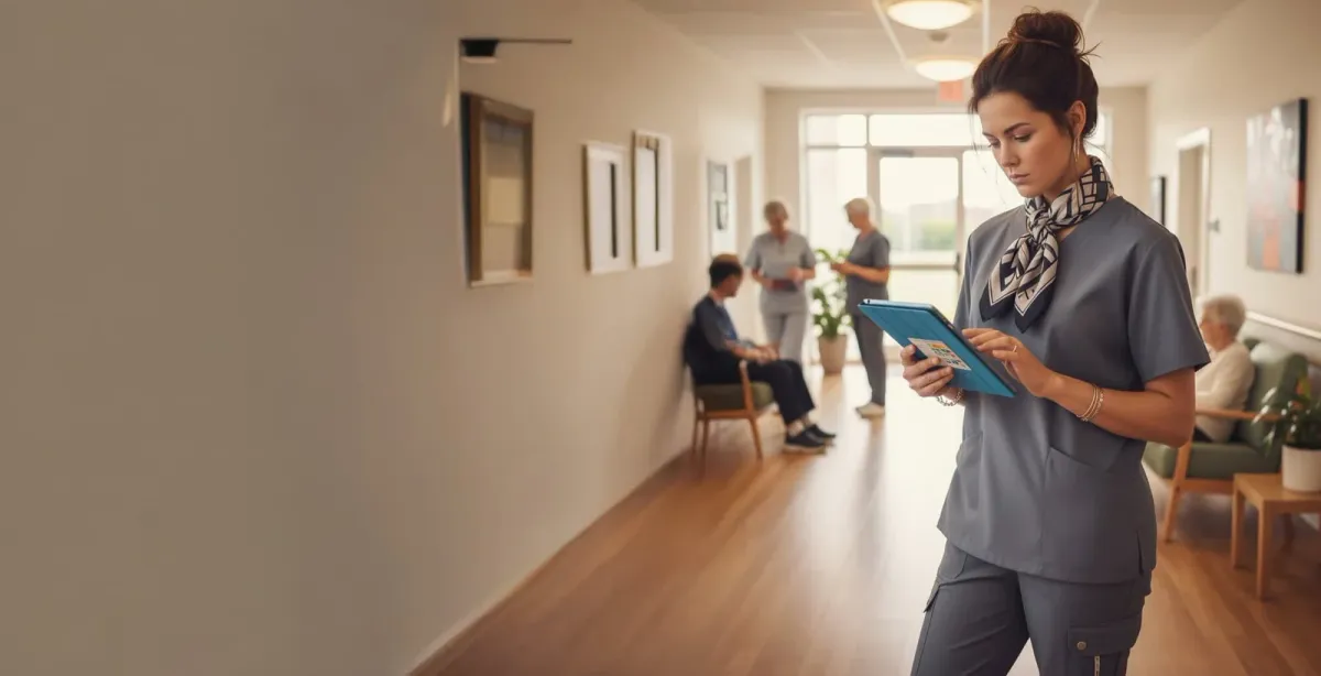 Pflegekraft mit Tablet in einer Einrichtung für Pflege und Betreuung