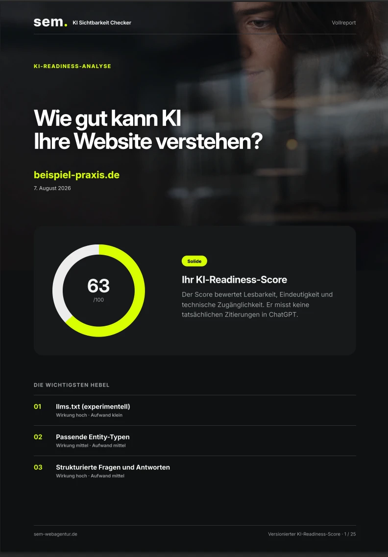 Beispielhafte erste Seite eines KI-Readiness-Reports mit Score und Maßnahmen