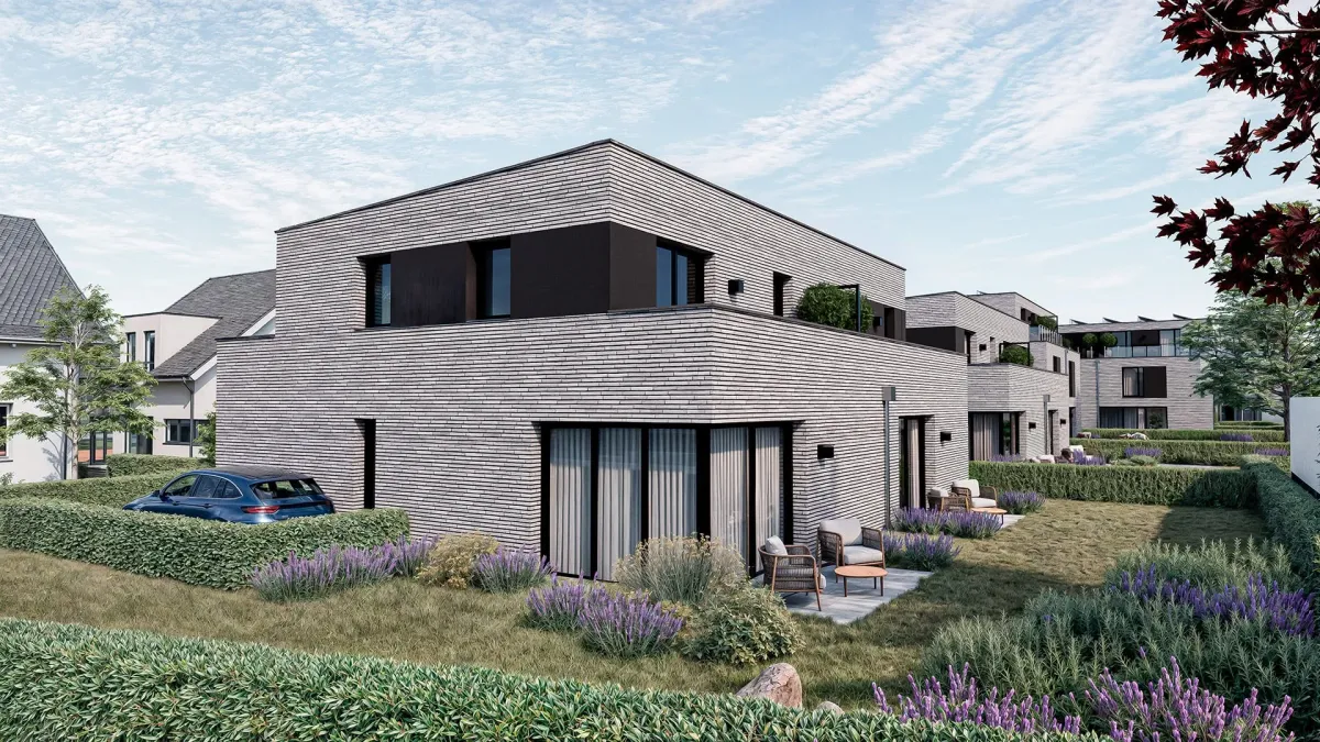 Visualisierung moderner Wohngebäude von Steinberg Green Living mit begrünten Außenanlagen