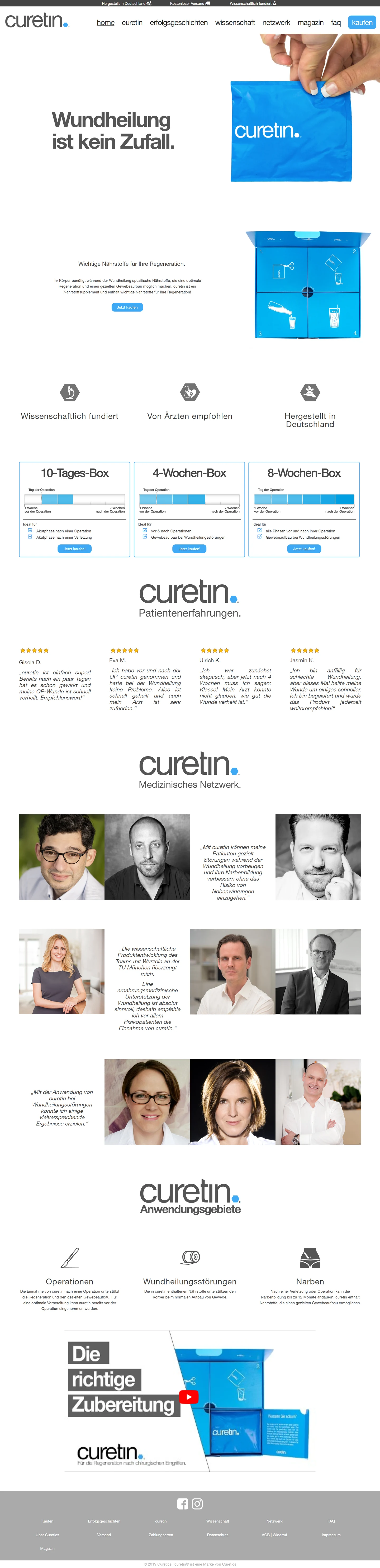 curetin Website auf Desktop mit Produktvorstellung, Packungsgrößen, Informationsbereichen und Kaufzugängen