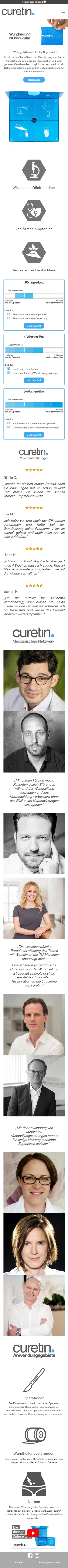 Mobile curetin Website mit Produktbox, untereinander angeordneten Packungsgrößen und weiterführenden Informationen