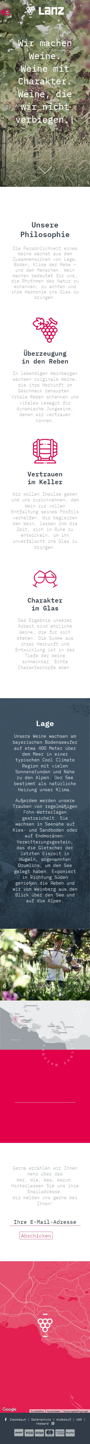 Mobile LANZ.Wein Startseite mit untereinander angeordneten Inhalten