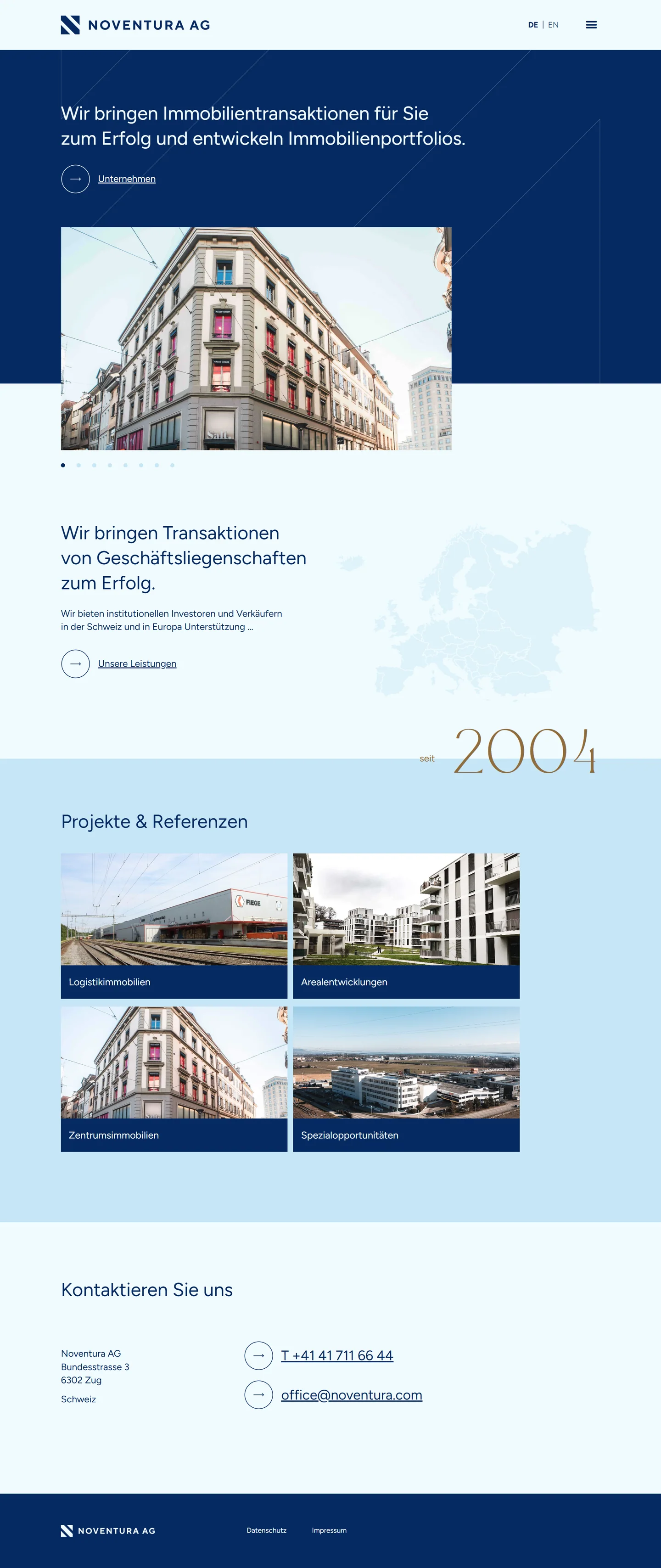 Noventura AG: Startseite in der Desktopansicht
