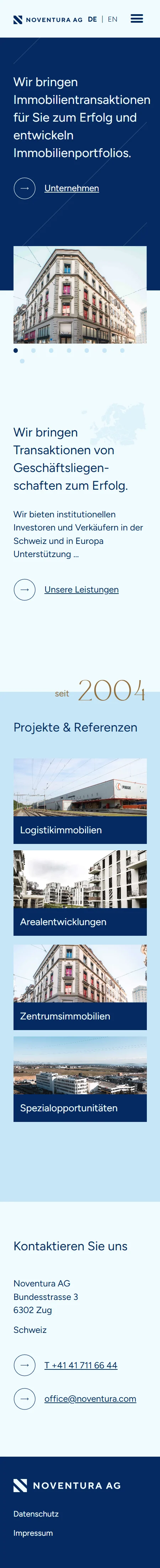 Noventura AG: Startseite in der Mobilansicht