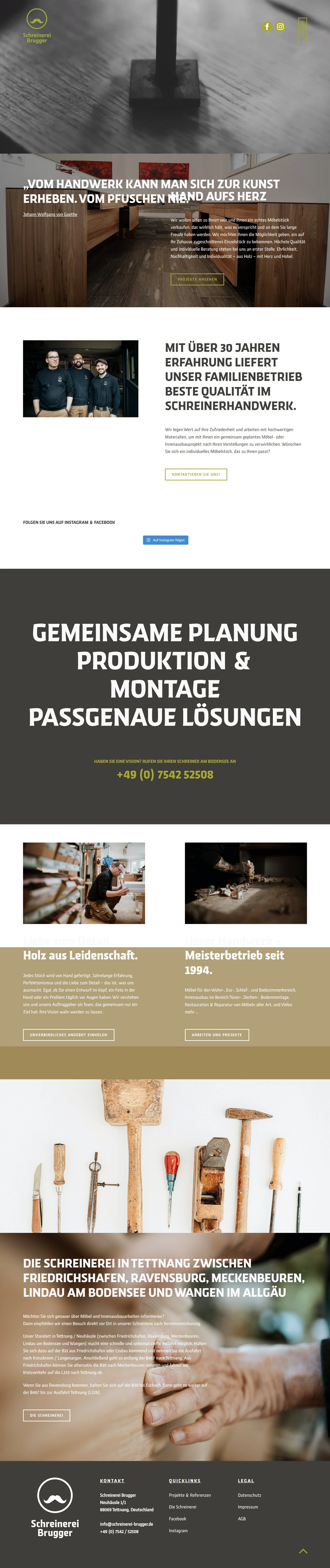 Desktopansicht der Website der Schreinerei Brugger mit Möbeln, Team, Werkstatt und Kontaktbereichen