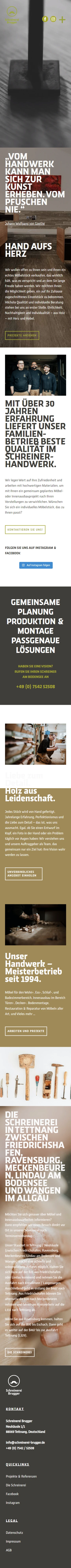 Mobile Website der Schreinerei Brugger mit untereinander angeordneten Bildern und Informationen zum Handwerksbetrieb
