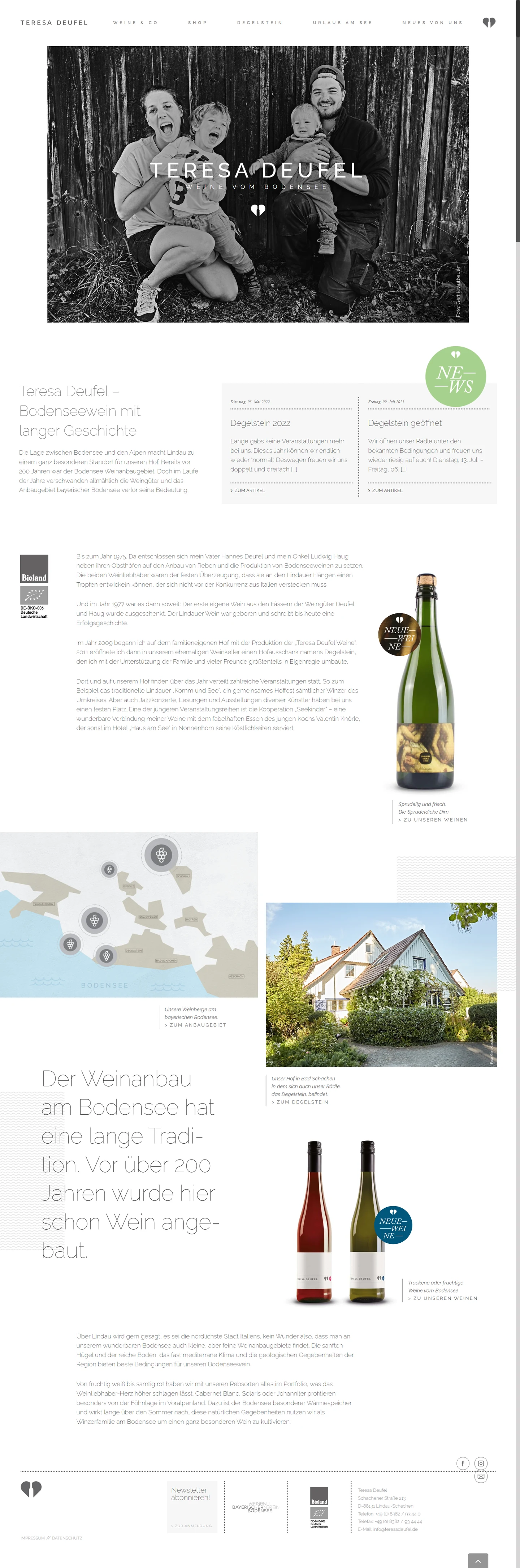 Teresa Deufel Website mit Familienporträt, Hofgeschichte, Weinflaschen und Karte der Weinlagen am Bodensee
