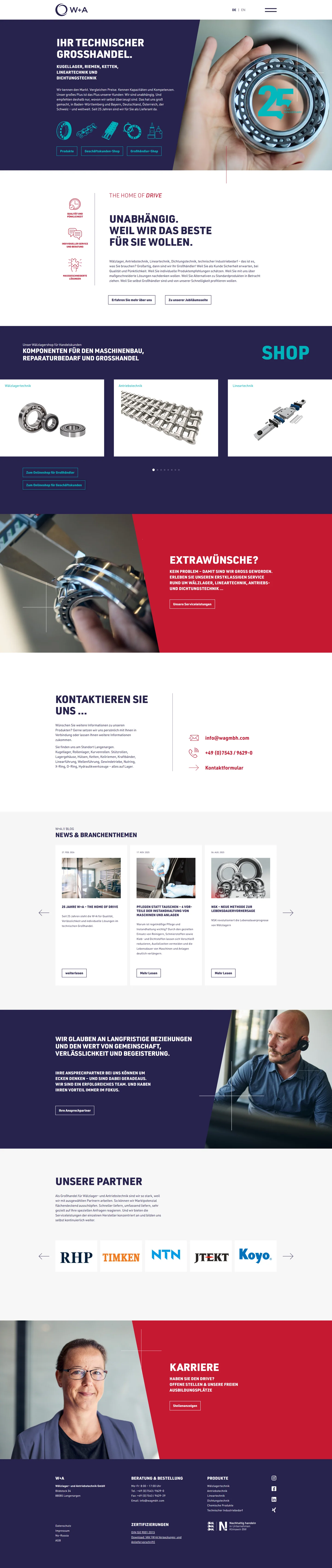 W+A Wälzlager- und Antriebstechnik GmbH: Startseite in der Desktopansicht