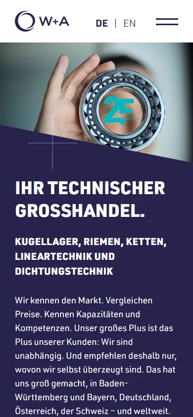 W+A Wälzlager- und Antriebstechnik GmbH: Startseite in der Mobilansicht